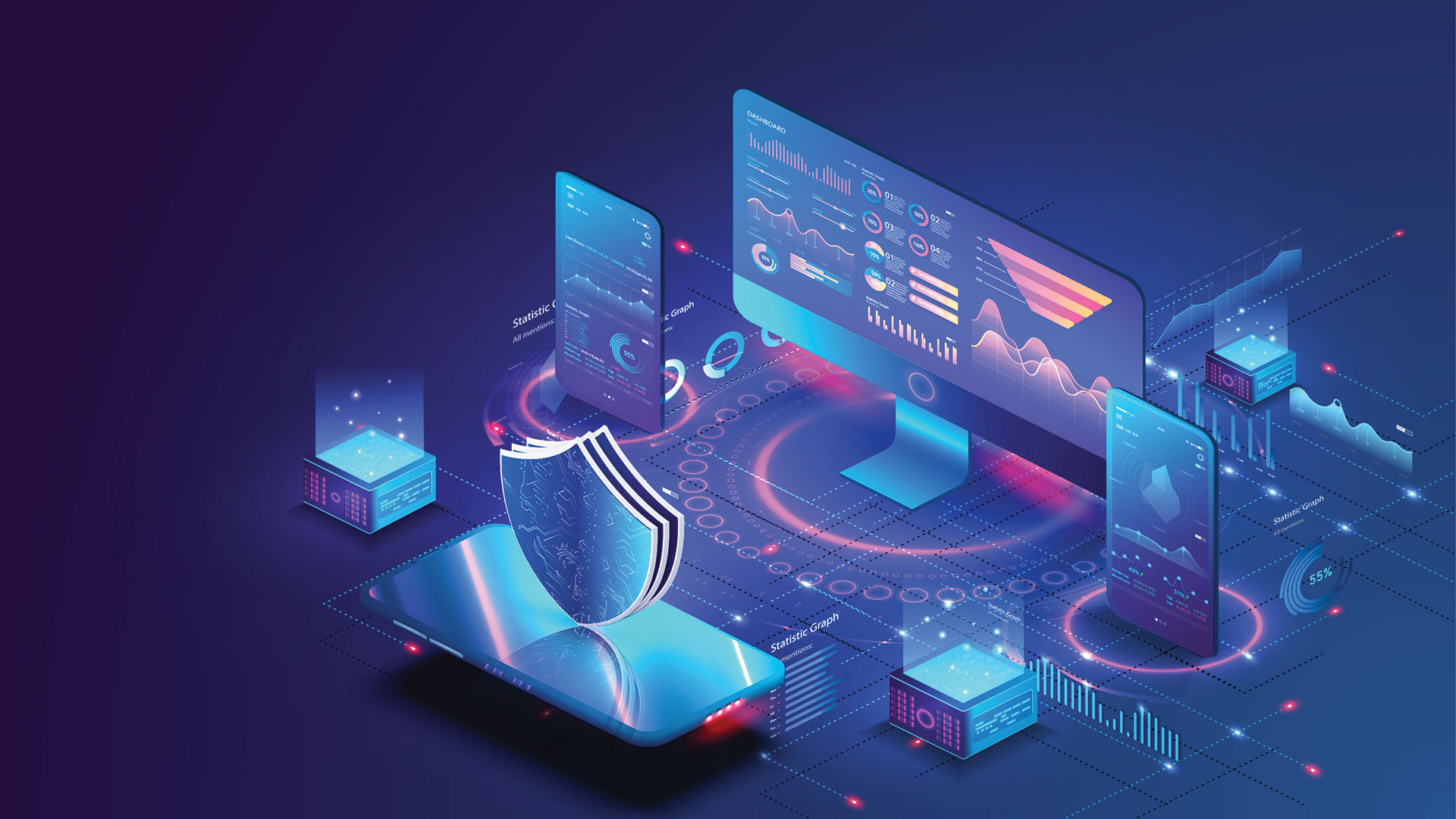 Vector image of data integration operations with security illustrates transformation of Insurance data.