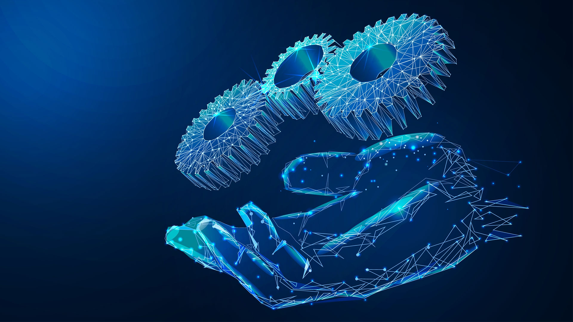 A vector illustration of data automation showing wireframe hand with cogwheels.