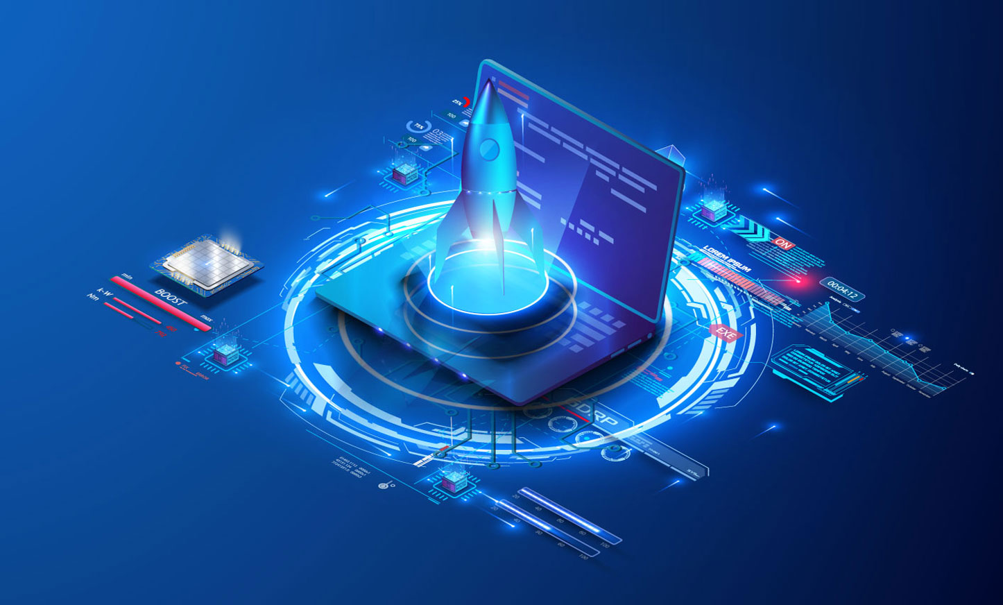 Rocket taking off over neon glowing circle on laptop illustrates Business start-up launching website.