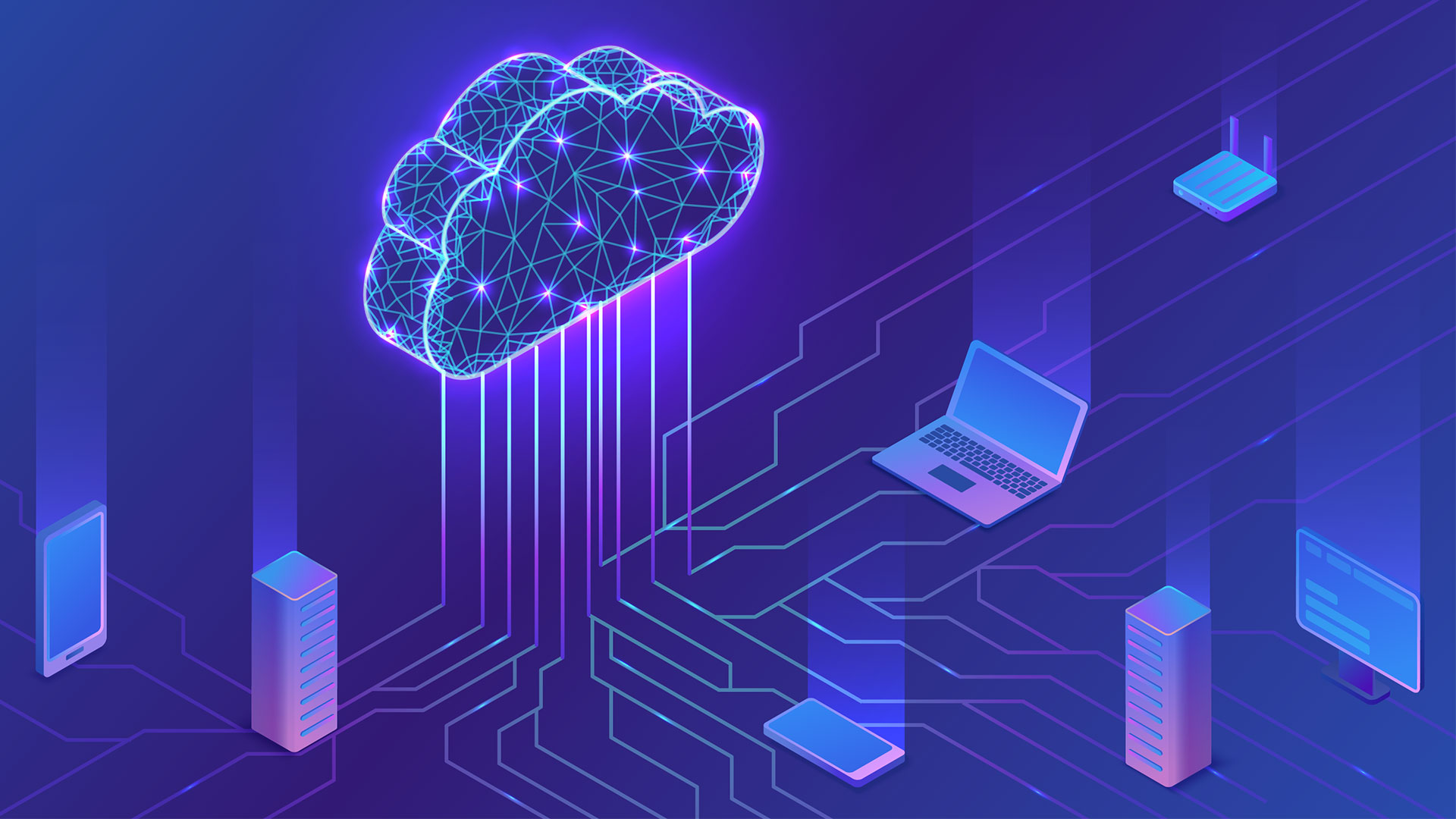 Vector illustration of cloud data integration with server, smartphone, modem, and tablet connected in a neural network.