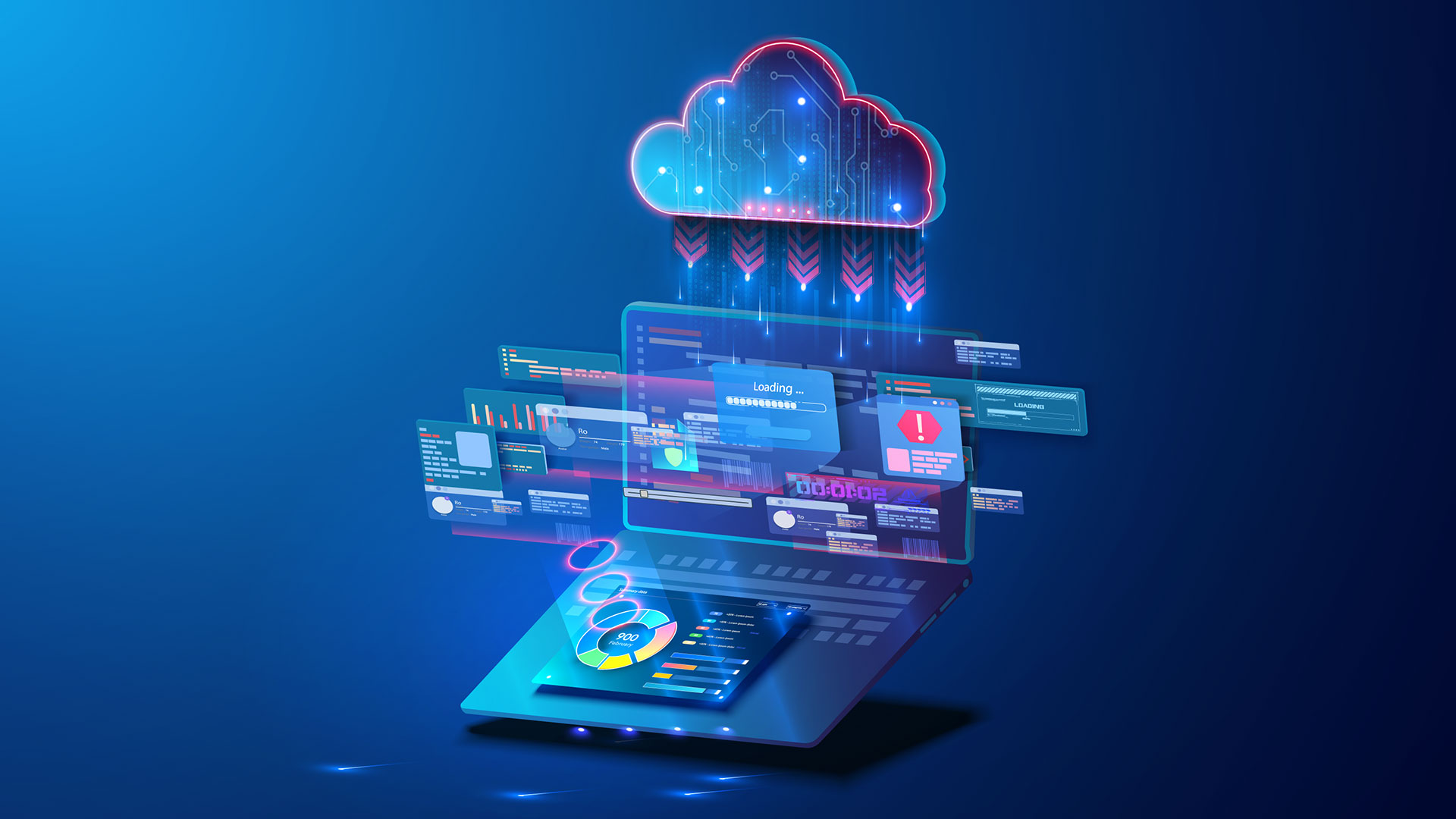 Vector image of cloud integration with a laptop. Retrieving data from cloud services illustrates the comparison between data integration & ETL.