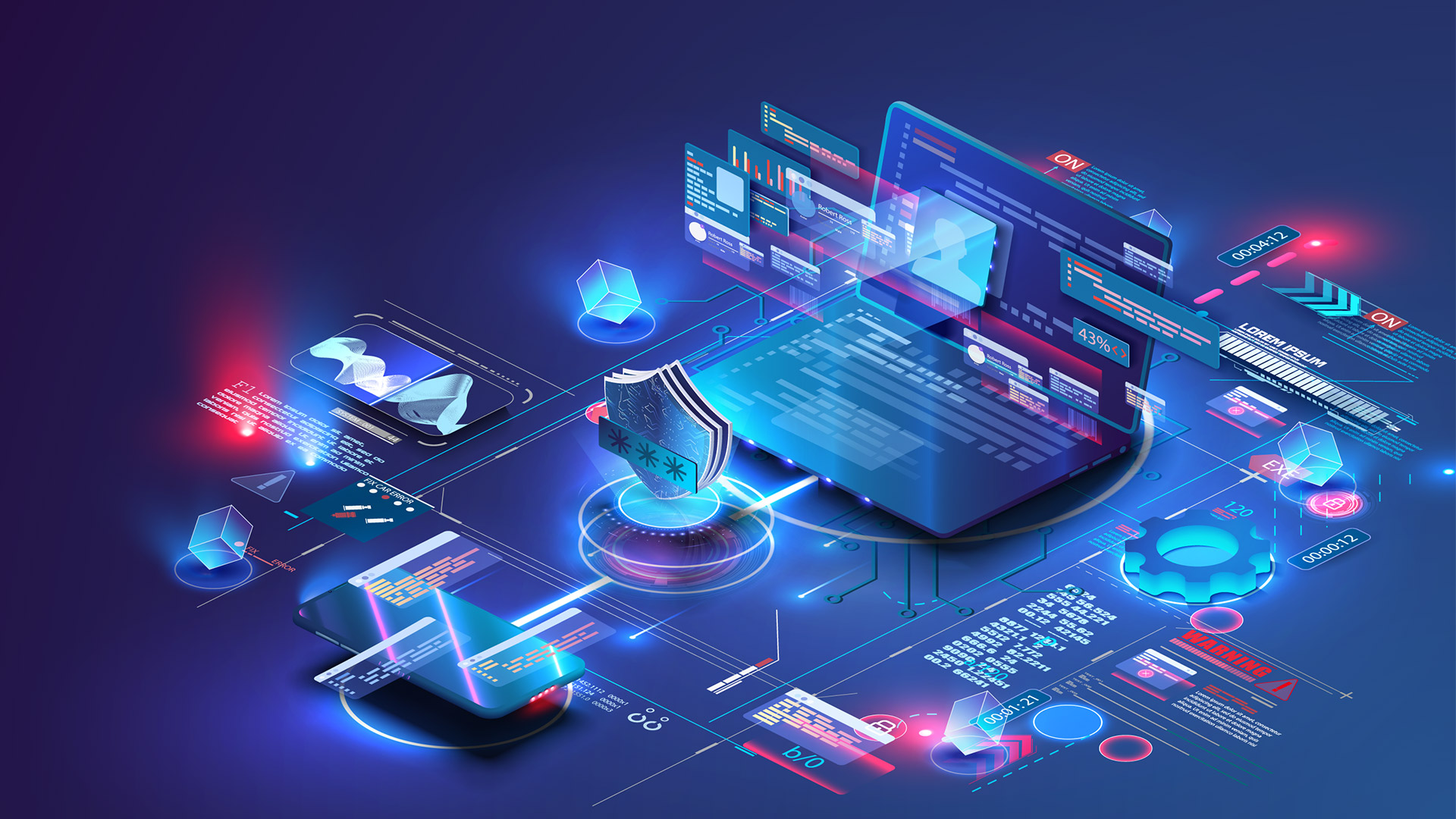 Vector image of secured cloud integration with a laptop and mobile devices illustrates data governance in the insurance industry.
