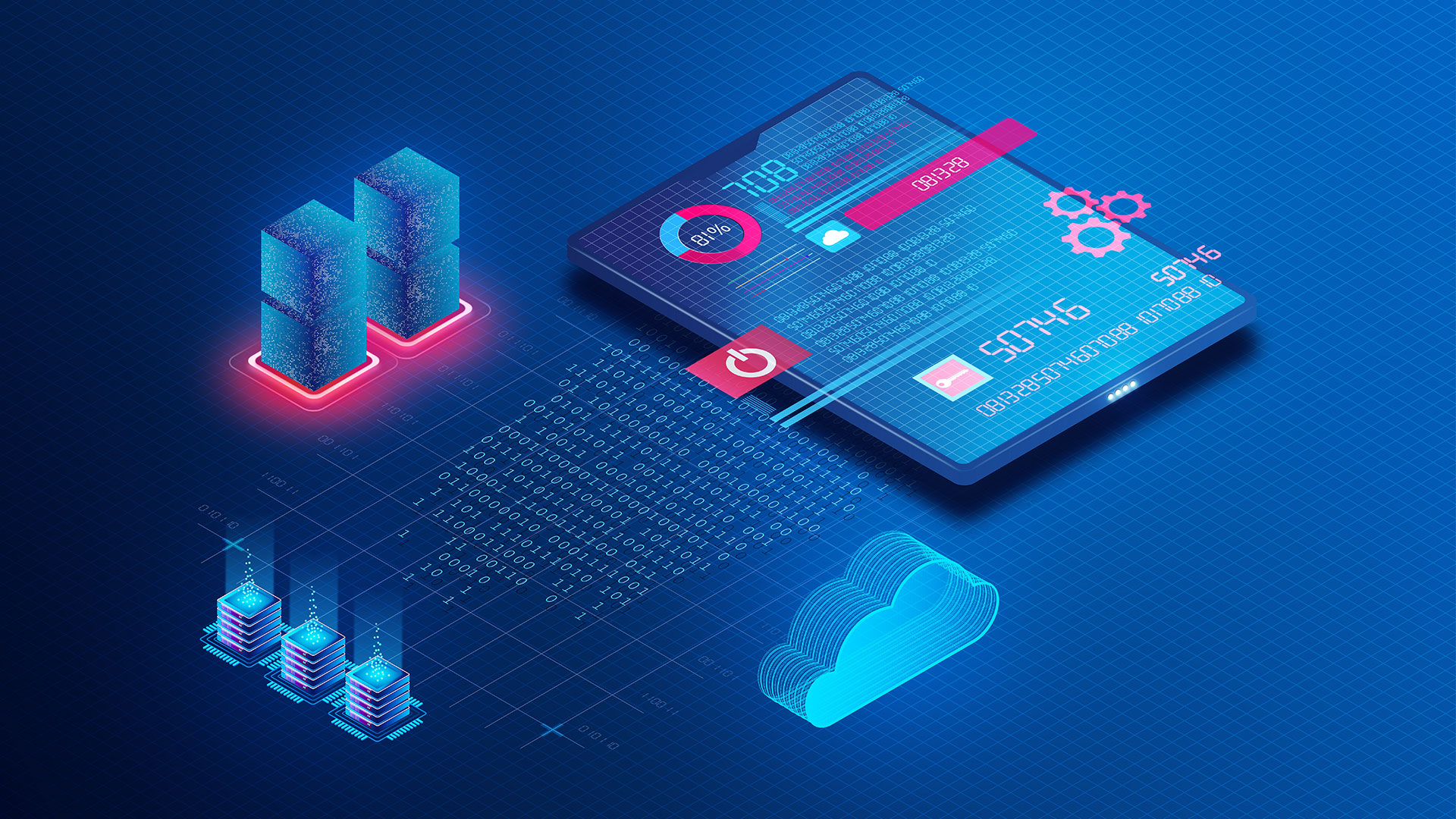 Vector illustration of data flow management and data integration in a cloud environment.