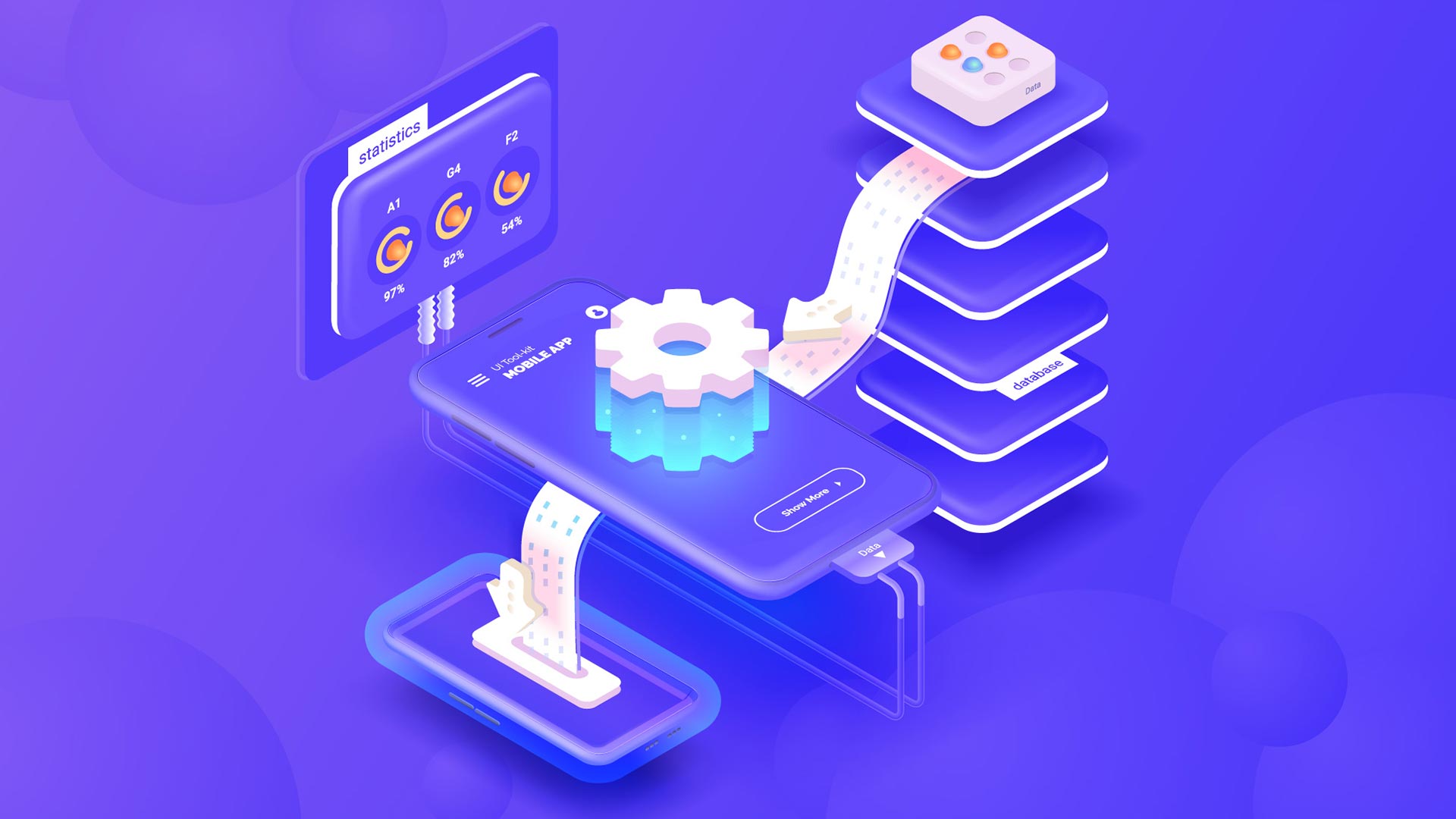 Vector illustration of data integration of a mobile phone with a service for monitoring application parameters and obtaining statistical data.