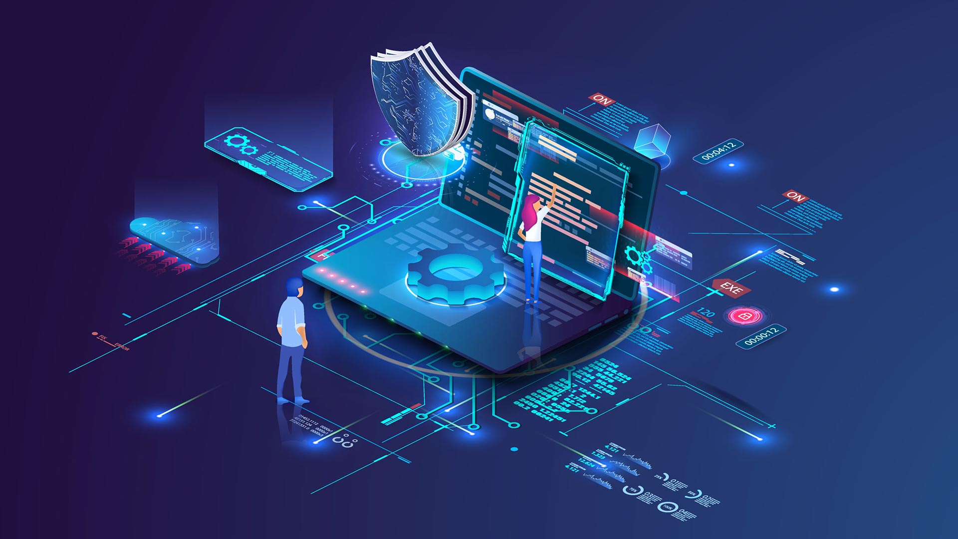 An illustration of people working on data to improve the customer experience in the insurance industry.