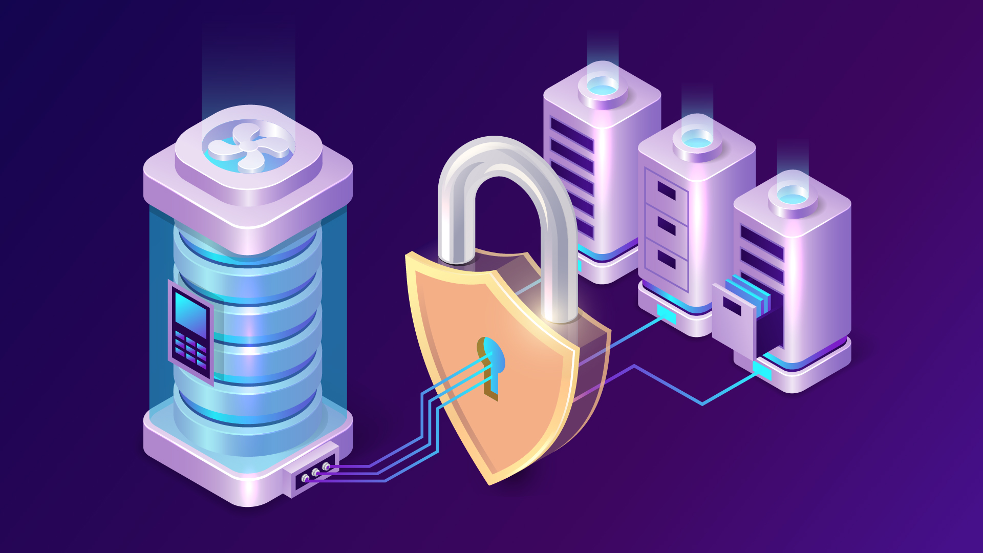 3D vector illustration of data security during integration with a shield padlock preventing external access.