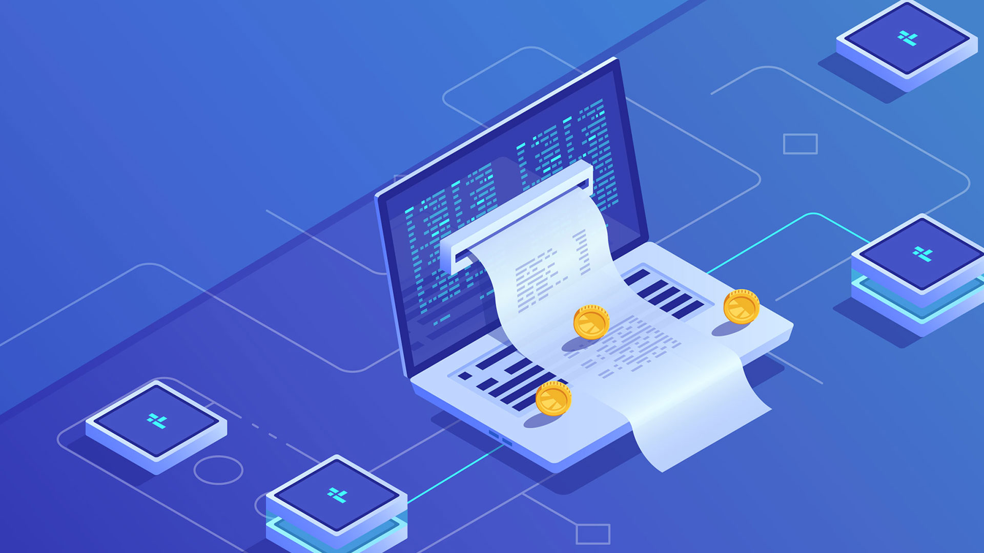 A vector image of online banking money transfer operations illustrating real-time data integration for financial services companies.