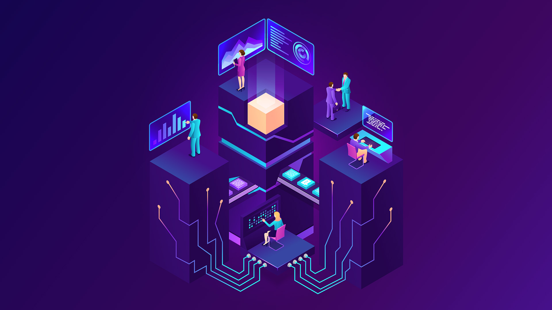 The vector image illustrates how a modern co-working office handles data integration challenges.