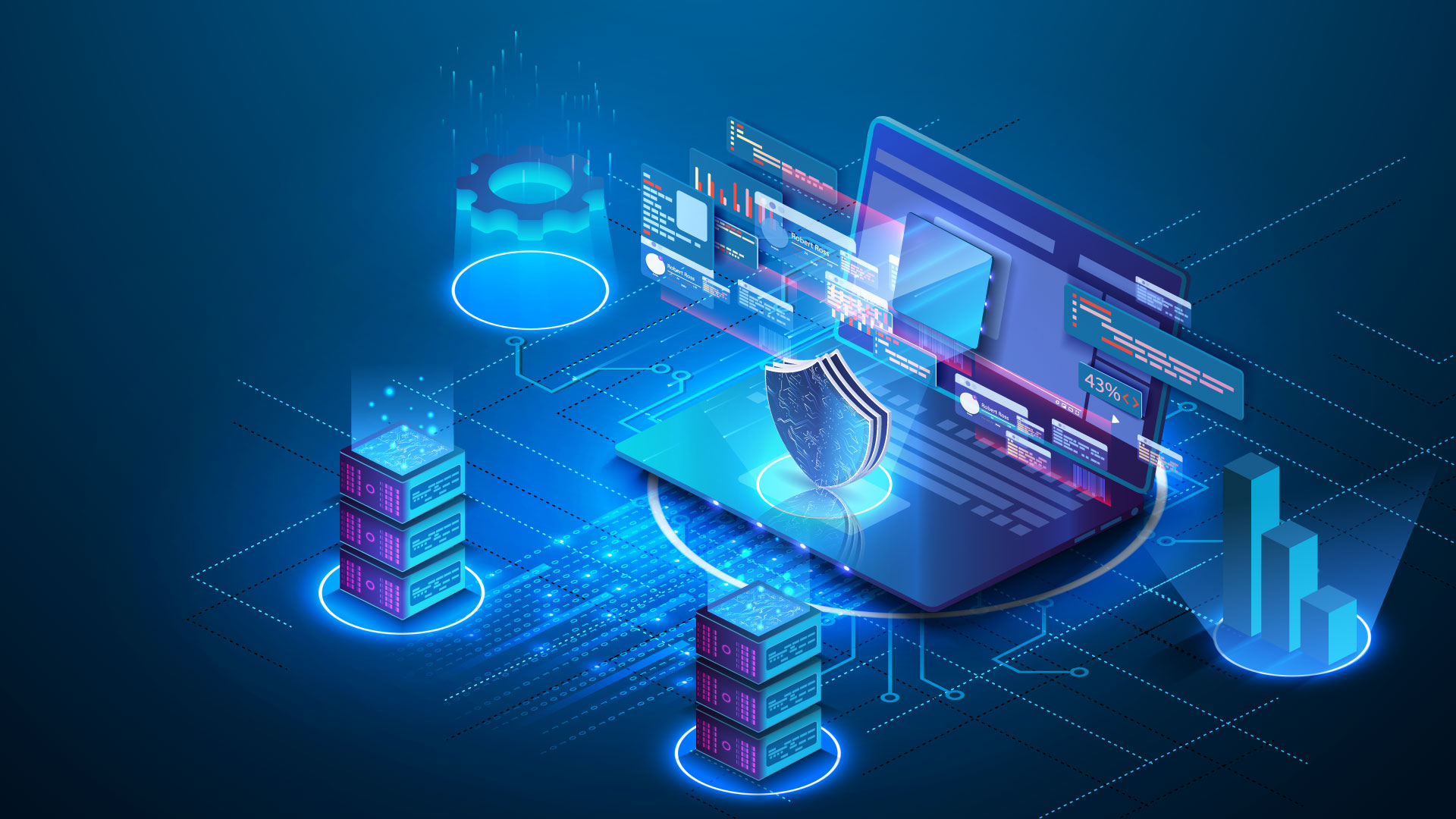 A vector illustration of a digital system for analysis, monitoring, and testing business data storage illustrates the role and implementation of an agile data governance policy.